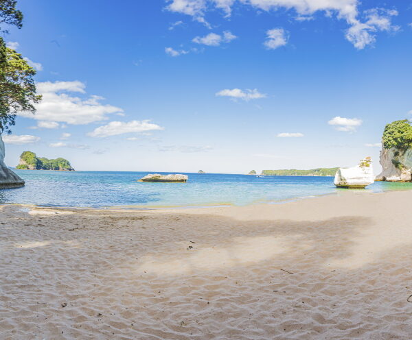 Panoramic picture of Cathedral Cove beach in summer without people Panoramic picture of Cathedral Cove beach in summer without people
